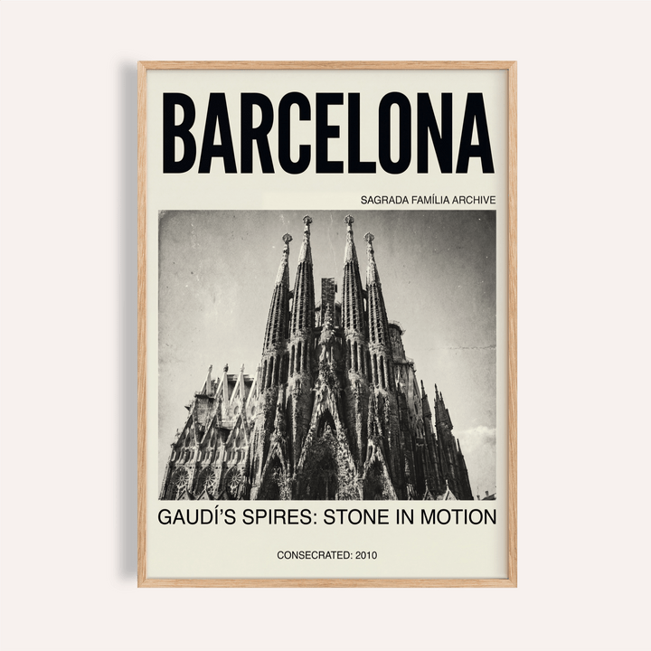 Framed print close-up of Barcelona Architecture Poster showing vintage style Sagrada Familia spires in grey tones