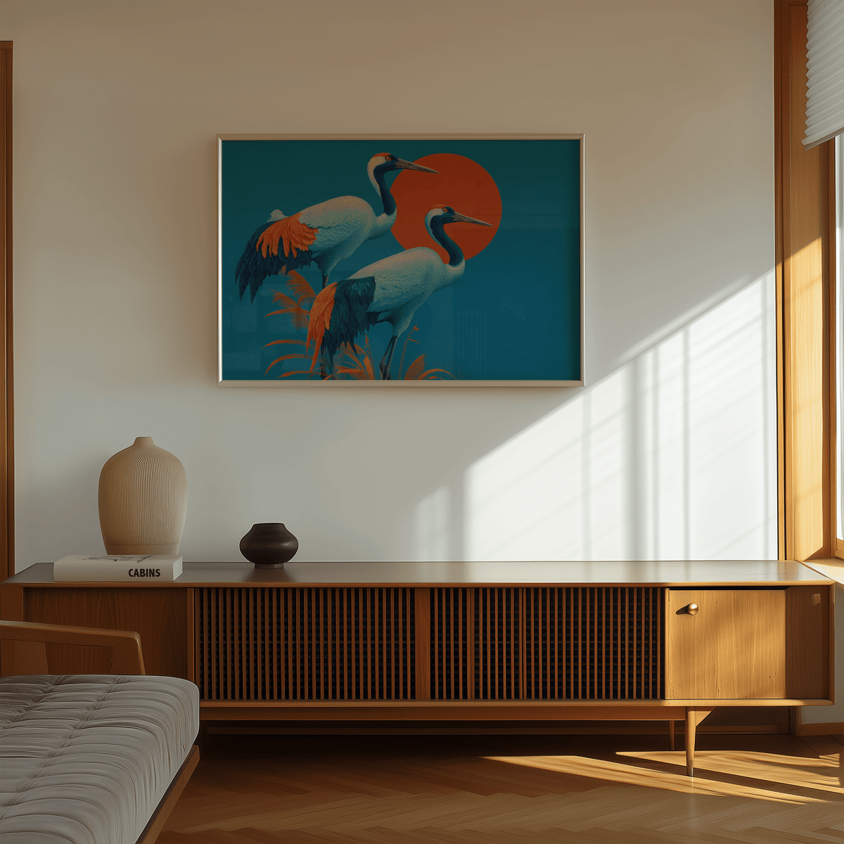 Framed Cranes artwork of two cranes with blue and orange tones in a sunlit living room above a wooden sideboard