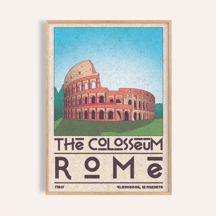 Framed close-up of the Colosseum art print showing a blue sky and typographic design