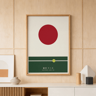 Japanese Tennis Art Print in a wooden frame above a white sideboard with decorative objects
