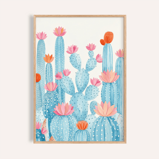 Framed close-up of cactus art print with blue cacti and pink and orange flowers