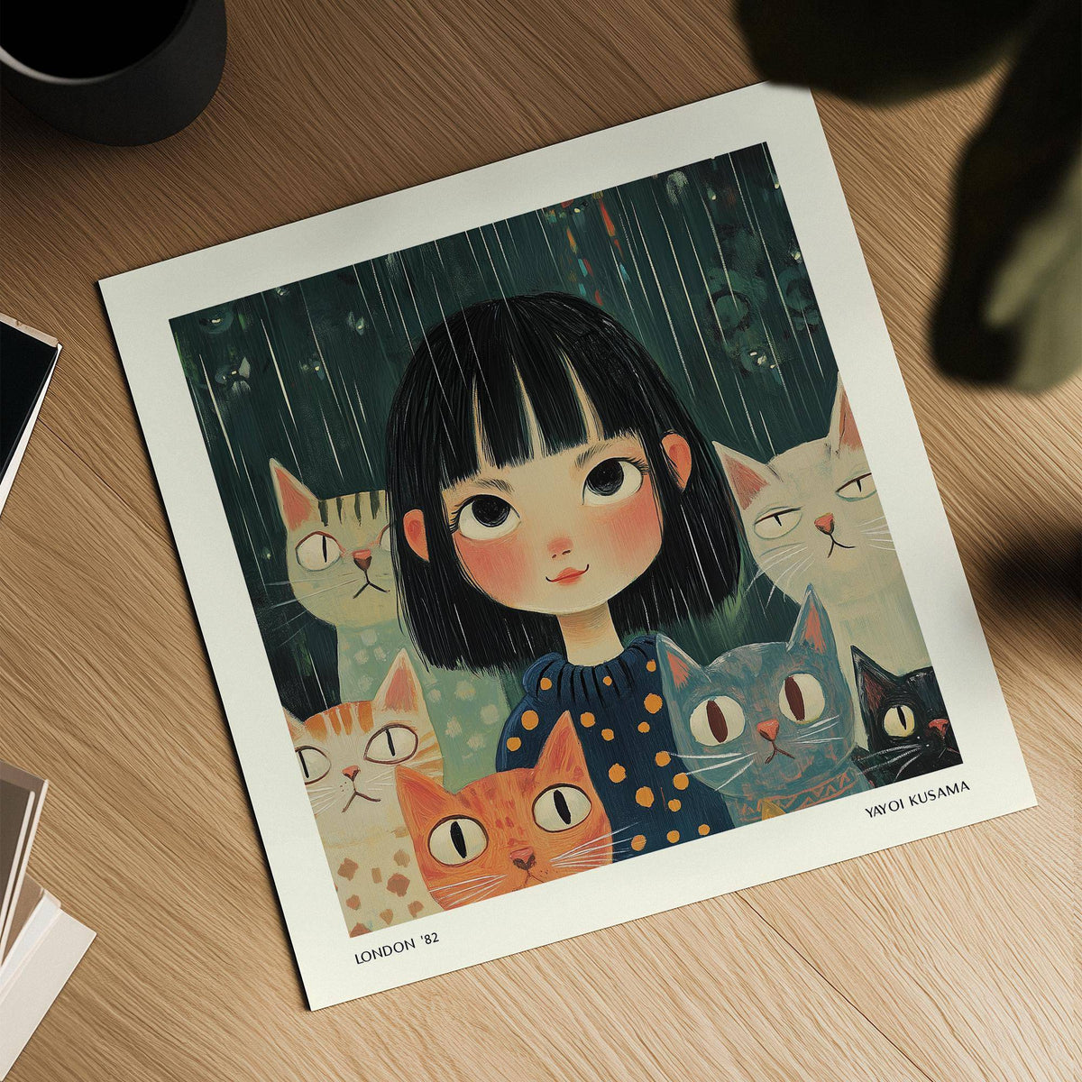 Close-up of a Japanese Paintings print featuring a girl with cats in muted tones on a wooden table