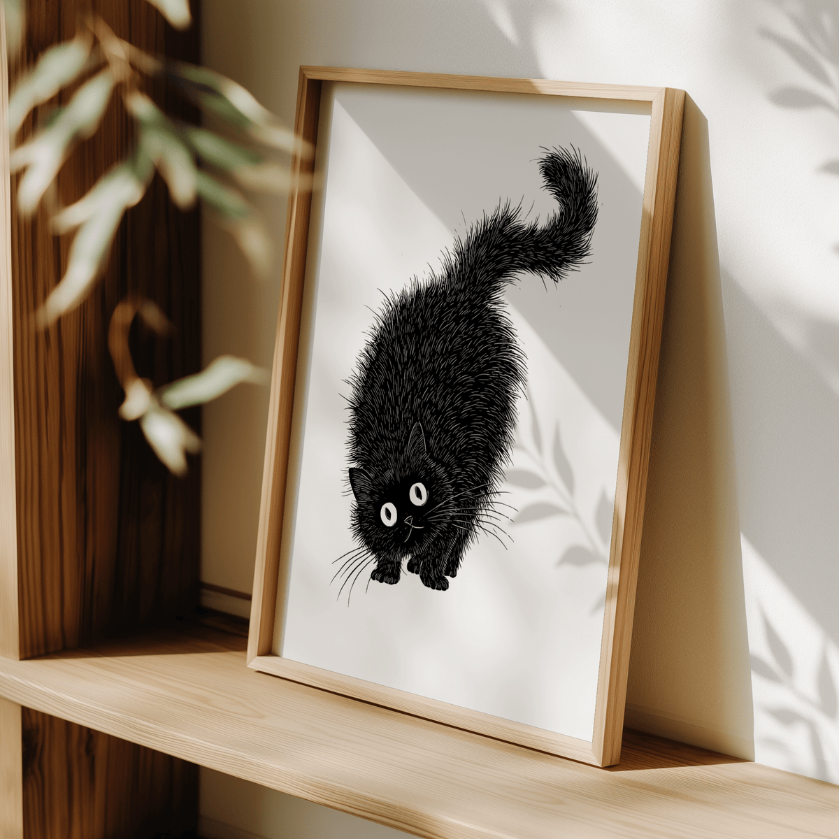 Framed Arched Back Cat Print with black line-art cat on a white background leaning on a wooden shelf