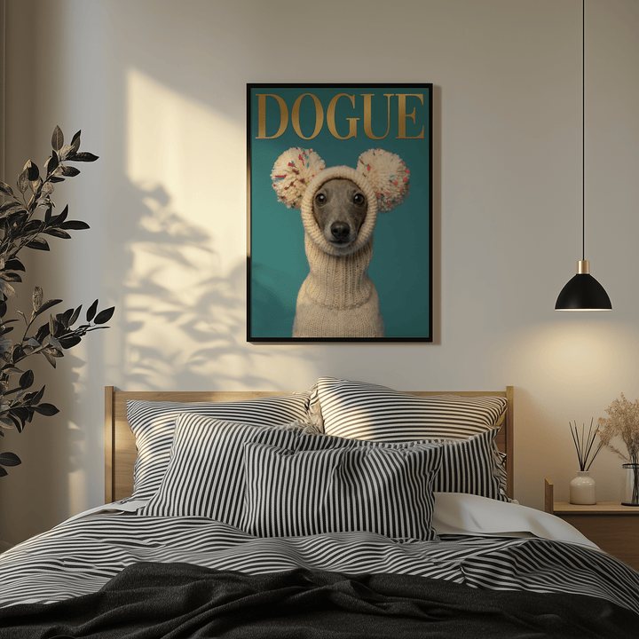 Fashion Dog Poster print on a bedroom wall above a bed with striped bedding and natural light