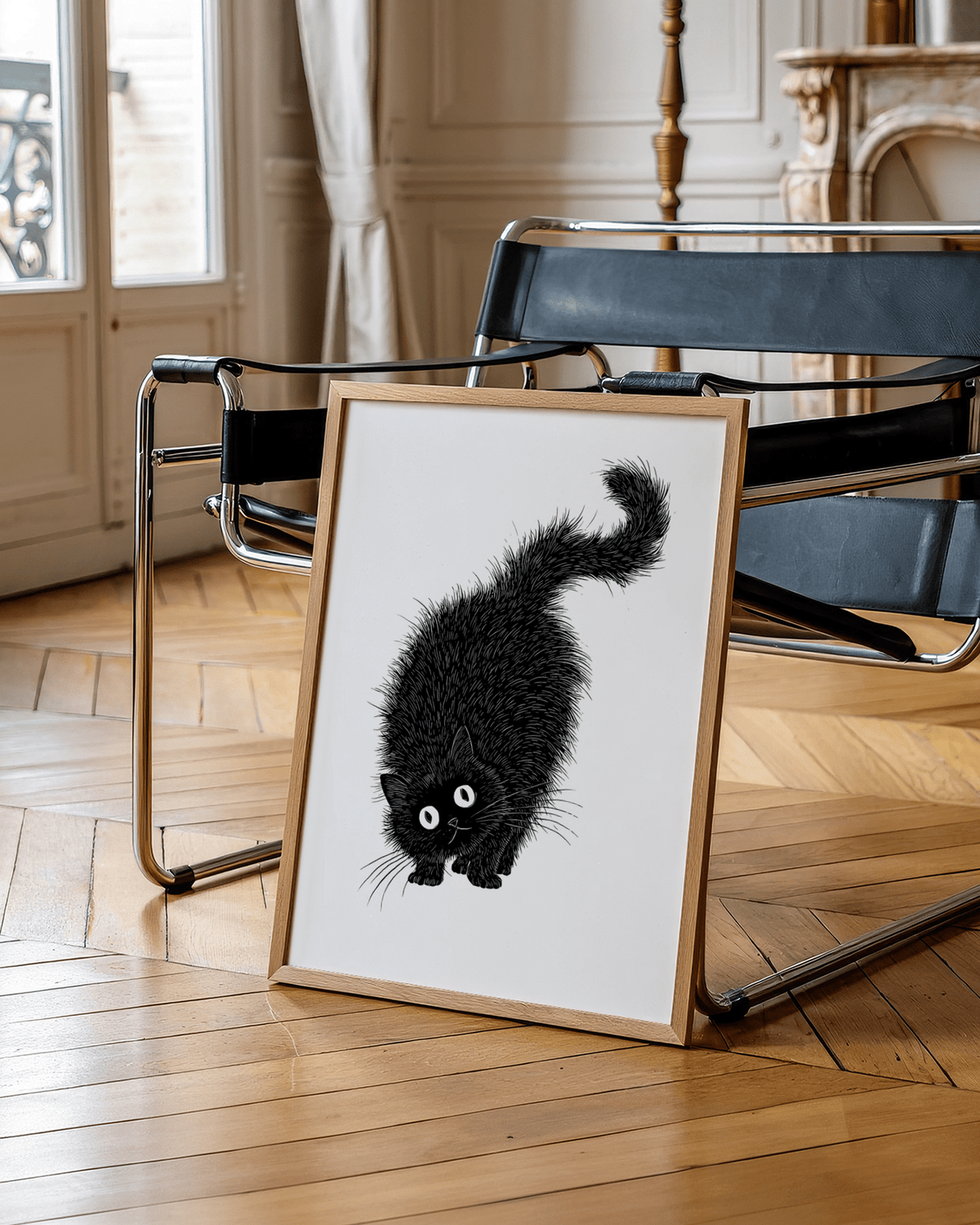 Arched Back Cat Print leaning on a modern black chair in a room with wooden floor