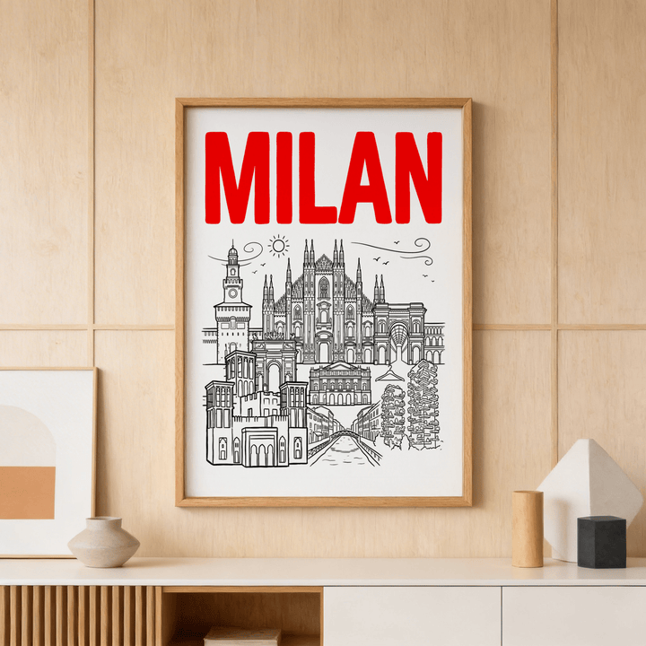 Milan City wall art of a minimalist black line cityscape with bold red text on a wooden wall above a shelf with pottery