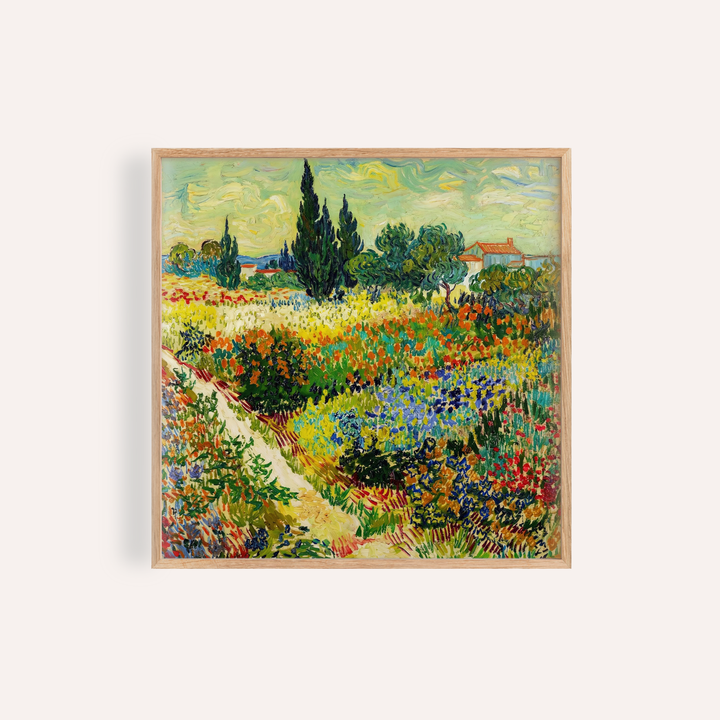 Colorful Landscape Art Print of a wildflower field with green trees and a yellow sky