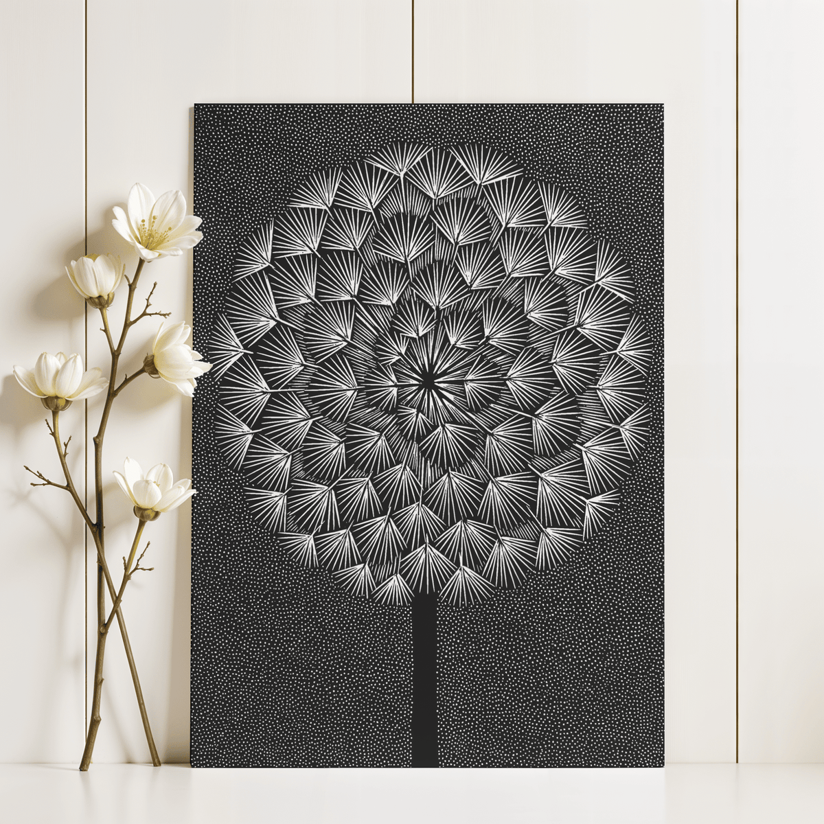 Abstract dandelion wall print with black and white line art beside white flower stems