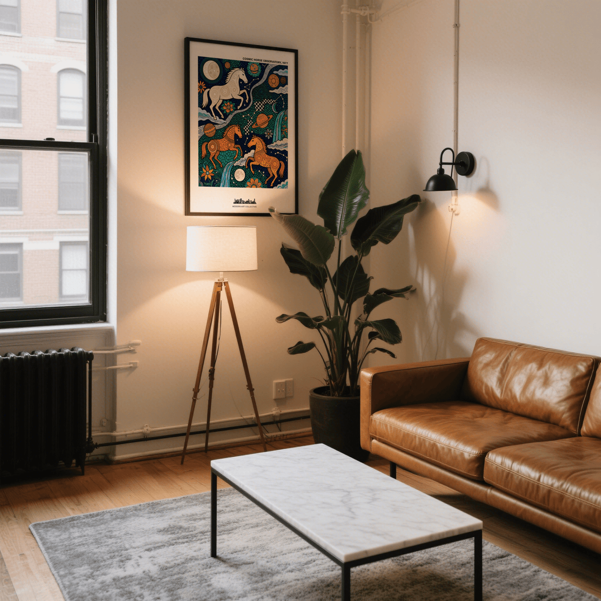 Cosmic Horse Art Print in a living room scene with decorative galloping horses and a standing lamp nearby