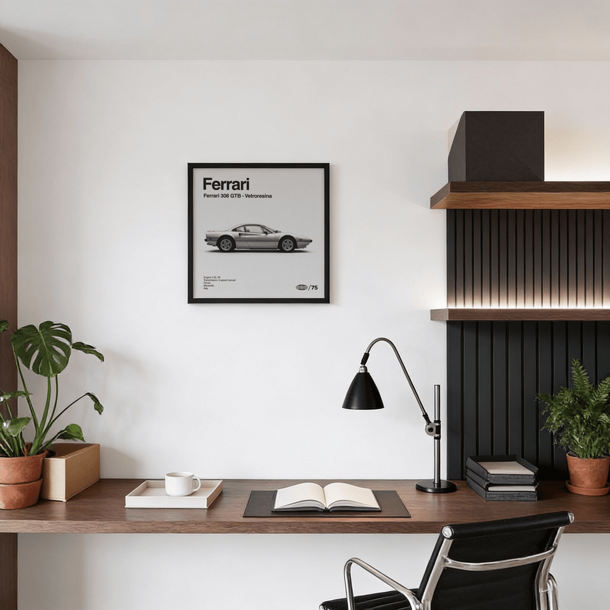 Garage wall art featuring side view of classic sports car in black and grey