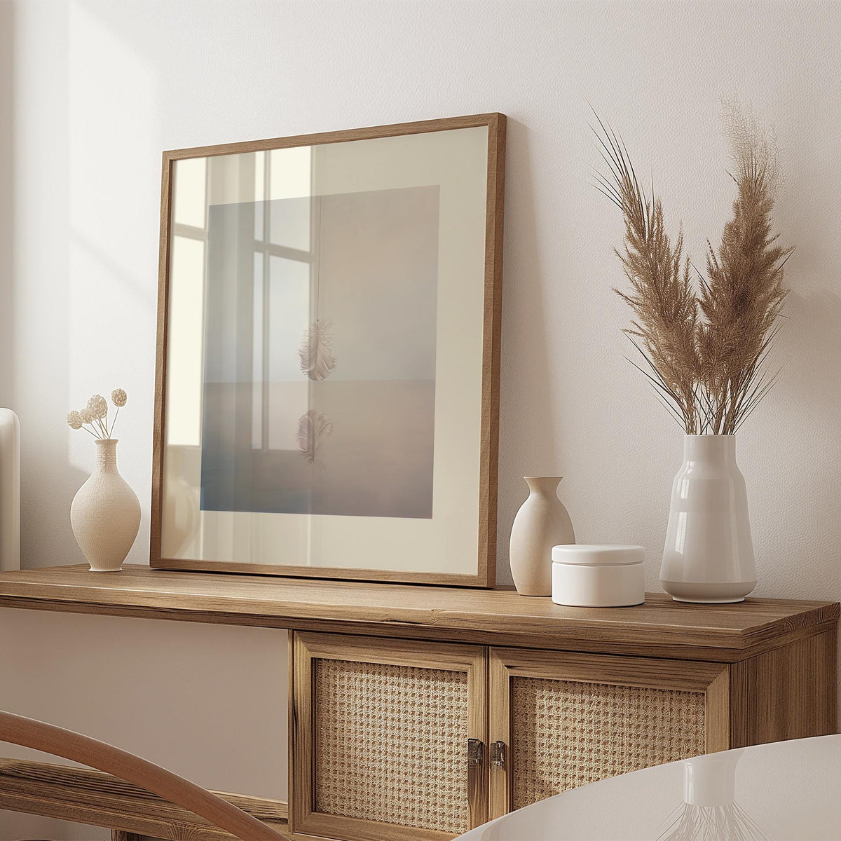 Surrealist art for sale leaning print of a white feather reflected on water on a wooden sideboard with vases