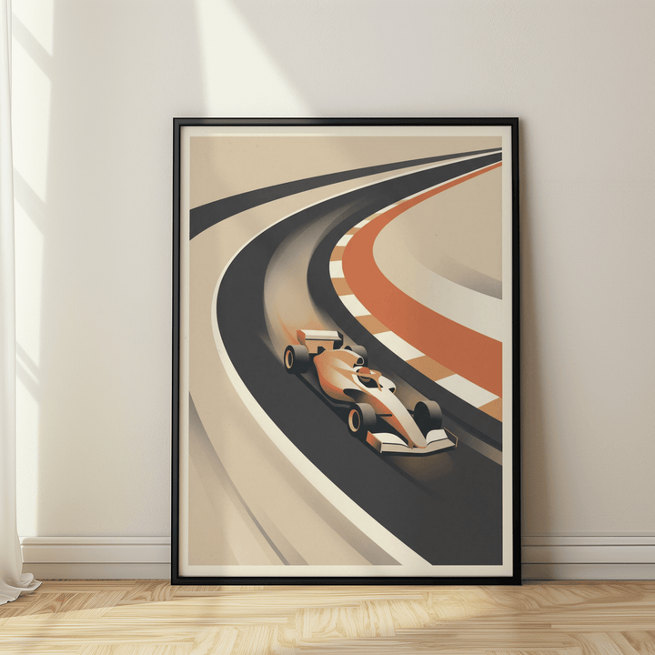 Framed vintage motorsport poster of a retro formula race car on a curving track leaning on a wooden floor near a curtain