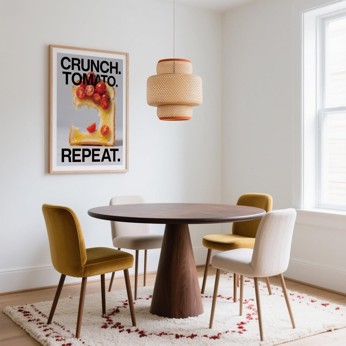 Dining Table Wall Art photographic toast with cherry tomatoes and bold text above a round wooden table with mustard and cream chairs