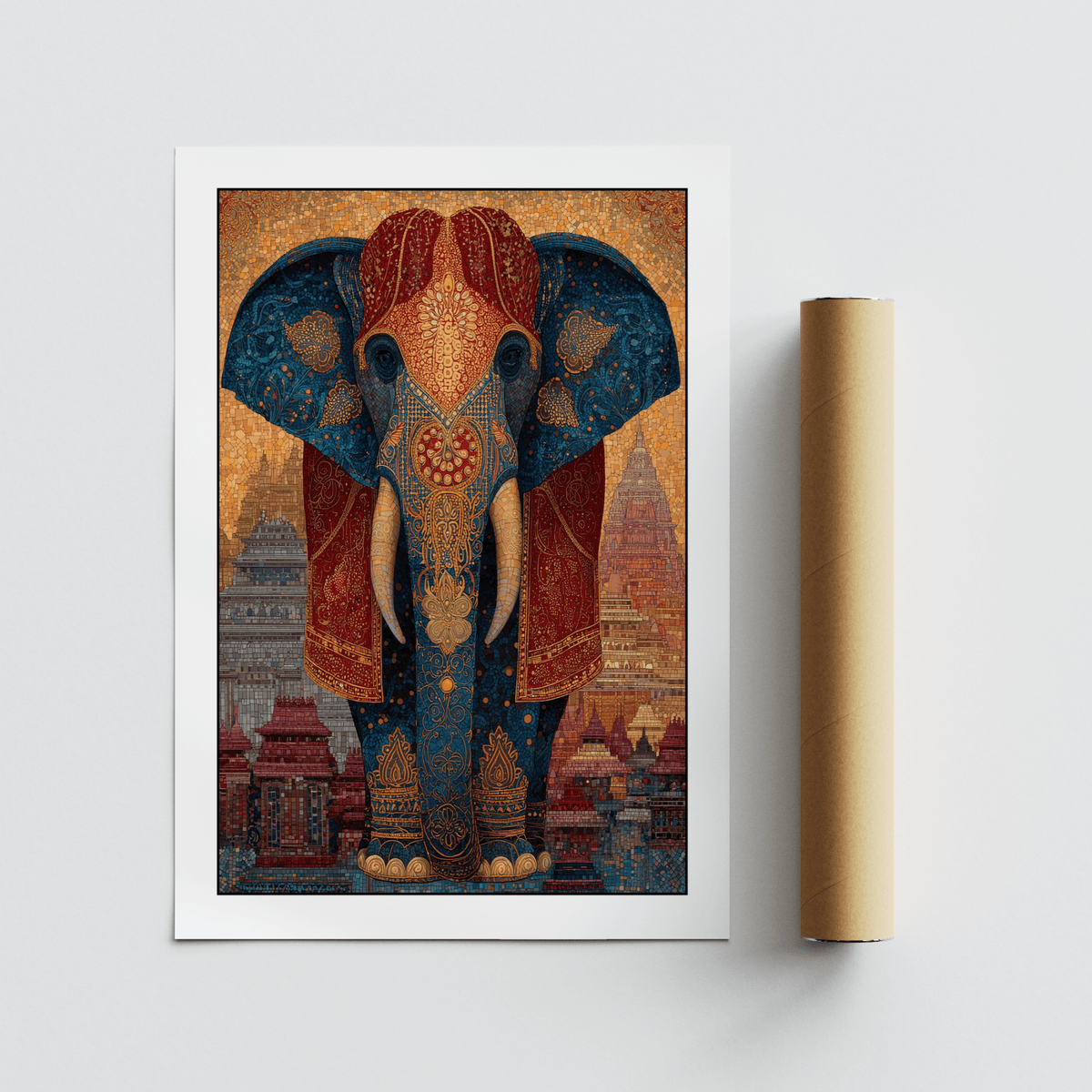 Colorful Indian Art Print of a decorated elephant with blue and red folk-art patterns beside a packaging tube