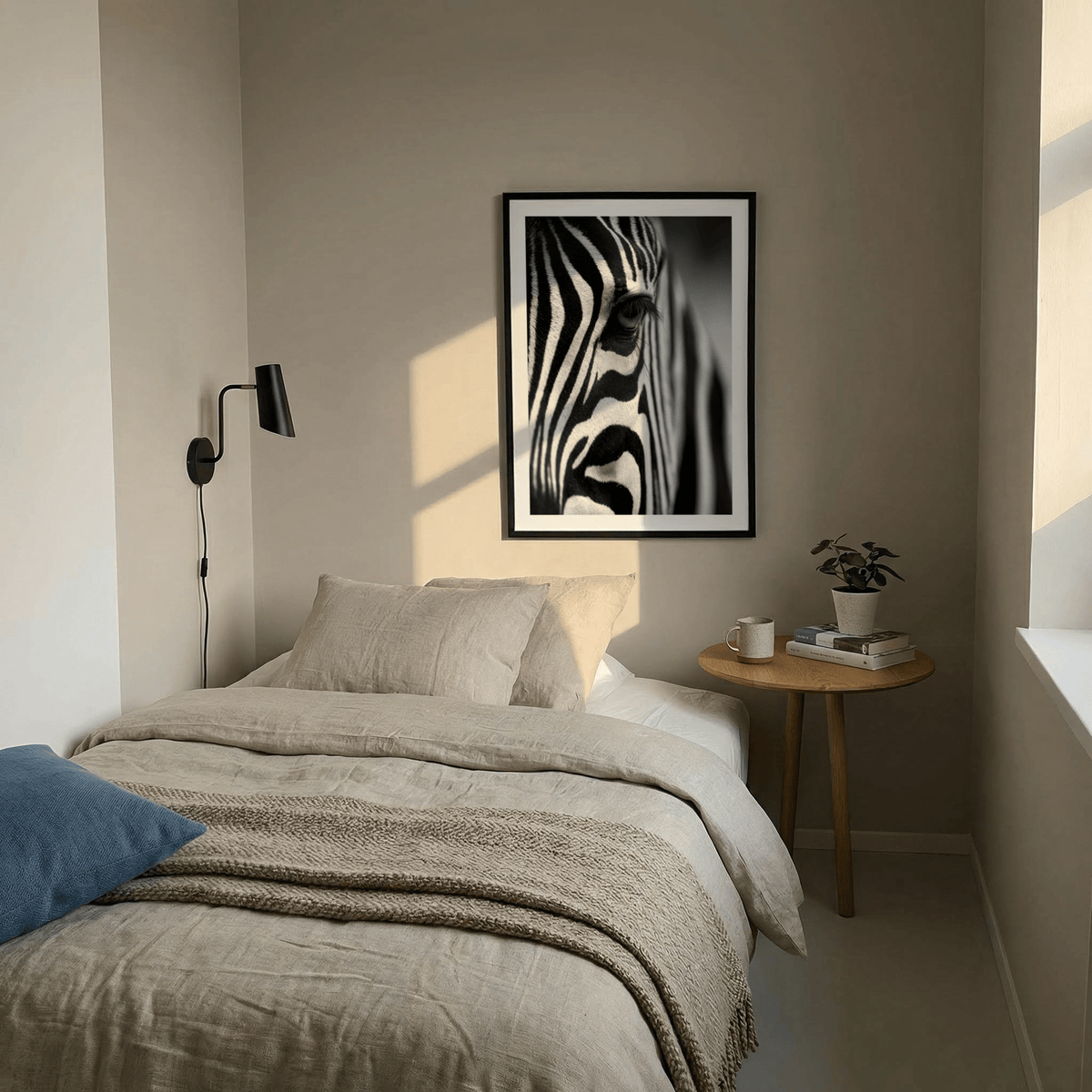 Wildlife Photography Poster zebra close-up in black and white above a side table in a bedroom