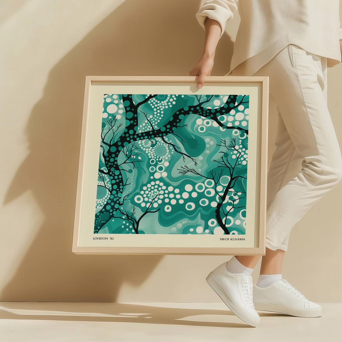 Teal Abstract Wall Art of abstract tree branches in shades of green and black held by a person