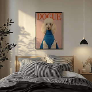 Dogue Poodle Print photographic artwork of white poodle in blue sweater above bed with striped bedding