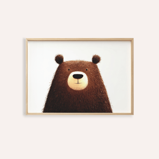 Cute Bear Art Print of a fluffy brown cartoon bear with small ears and a smiling face