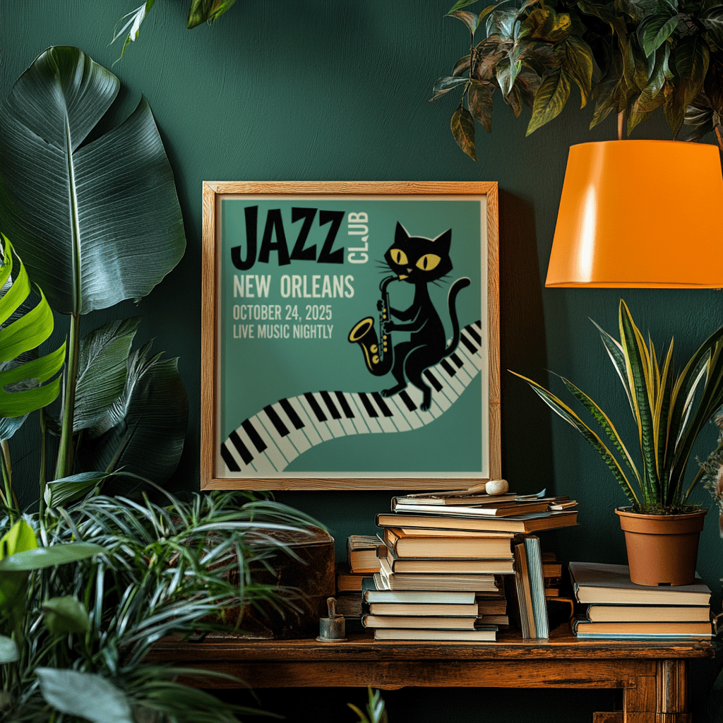 Framed Jazz Club Art Print of a black cat playing saxophone with green background above books