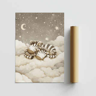 Zebra nursery art rolled print with sleeping baby zebras on soft clouds and a starry sky