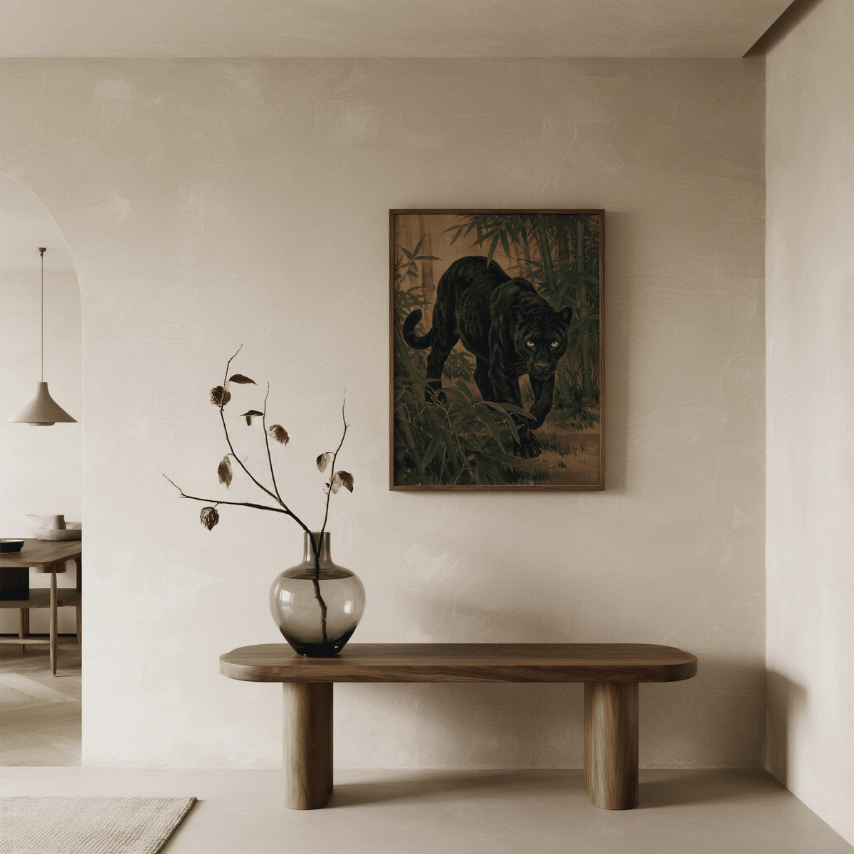 Print on a wall of a black panther in a bamboo jungle with green and brown tones above a wooden table