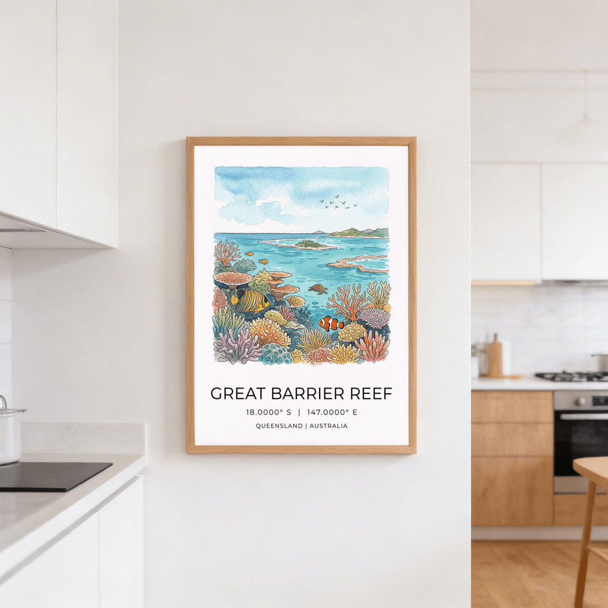 Great Barrier Reef art print of a colourful coral reef scene in watercolour hanging in a modern kitchen