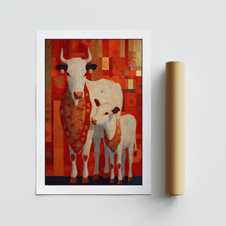 Sacred cow wall art of white cow and calf with red and orange patchwork background alongside a packaging tube