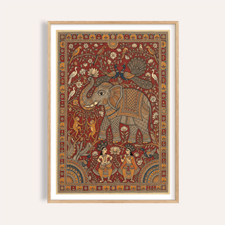 Framed print close-up of Indian Elephant Art Print with folk-art decorative elephant in red and orange tones