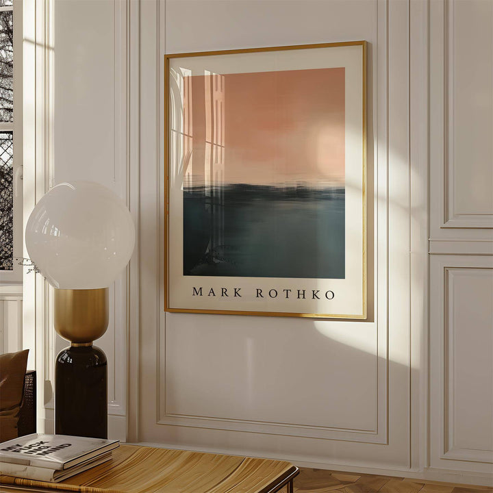 Pink and Blue Painting framed print in a room with white paneled walls and a glass lamp nearby