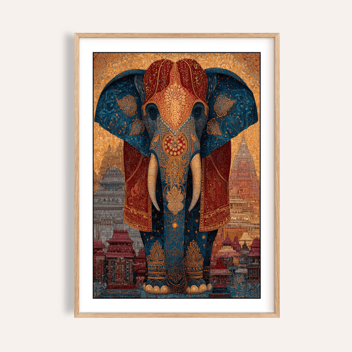 Framed close-up of a colourful Indian art print featuring a decorated elephant with intricate patterns