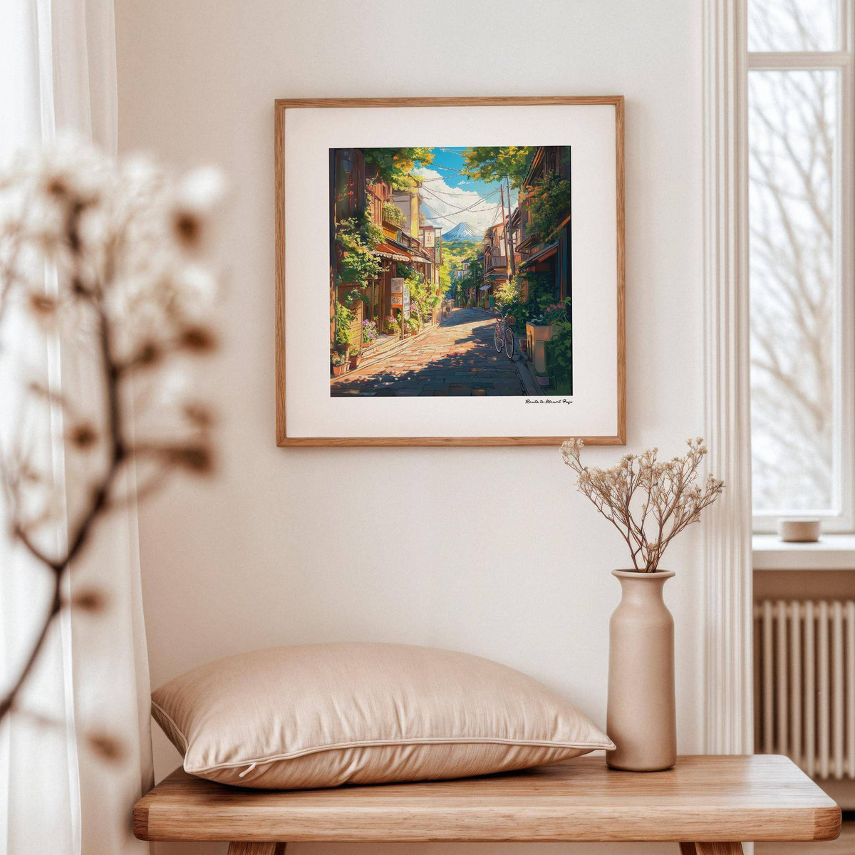 Prints Japanese Art framed print of a mountain street view with bright colours above a wooden table with a vase