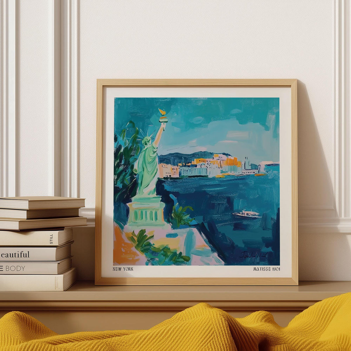 Framed Holiday Posters print of Statue of Liberty illustration with blue green tones leaning on a shelf by a stack of books
