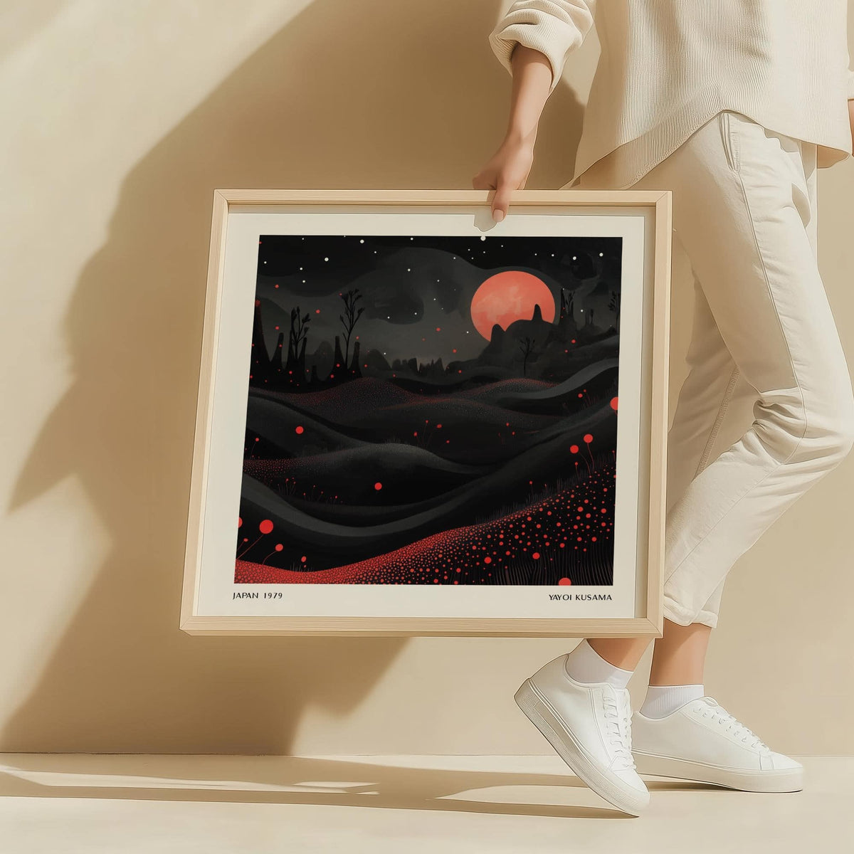 Wall Moon Art held in hands showing red moon and dark wavy landscape in an abstract style