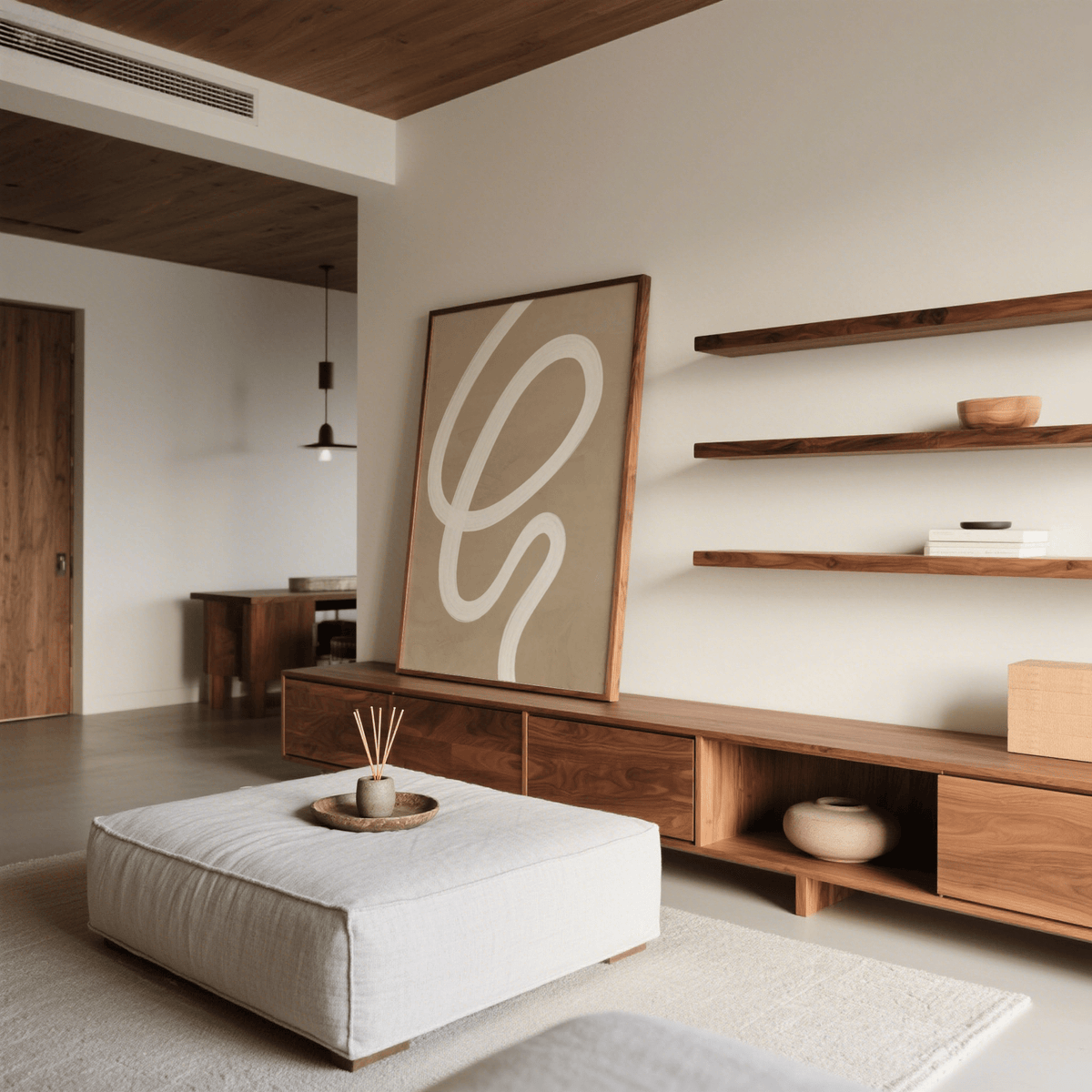 Abstract painting minimalist print with cream white curved line leaning on low wooden cabinet in living room