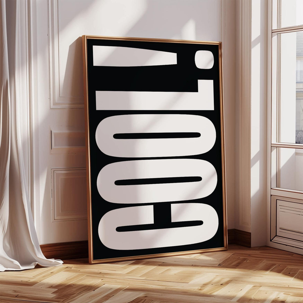 Cool Typography Art leaning print in minimalist style with black background and white text by a window