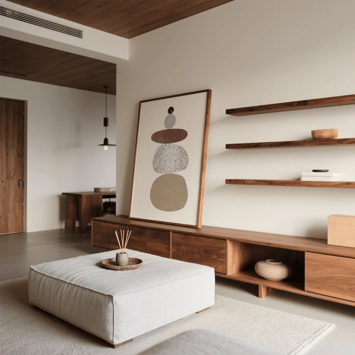 Abstract Rock Art Print leaning on a wooden sideboard with mid brown shelves and bowl nearby in a living room