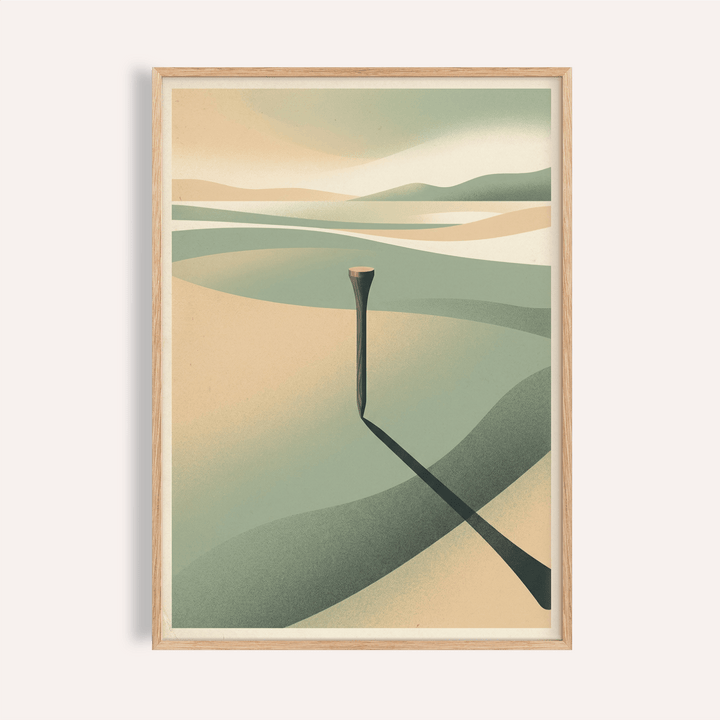Minimalist landscape art print with a golf tee casting a shadow in muted green and beige tones