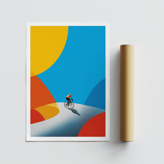 Cycling art print of a cyclist on a winding road with bold yellow, blue and red shapes alongside a cardboard tube