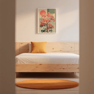 Abstract Flower Print hanging above bed showing a pink flowering branch with geometric shapes in muted tones