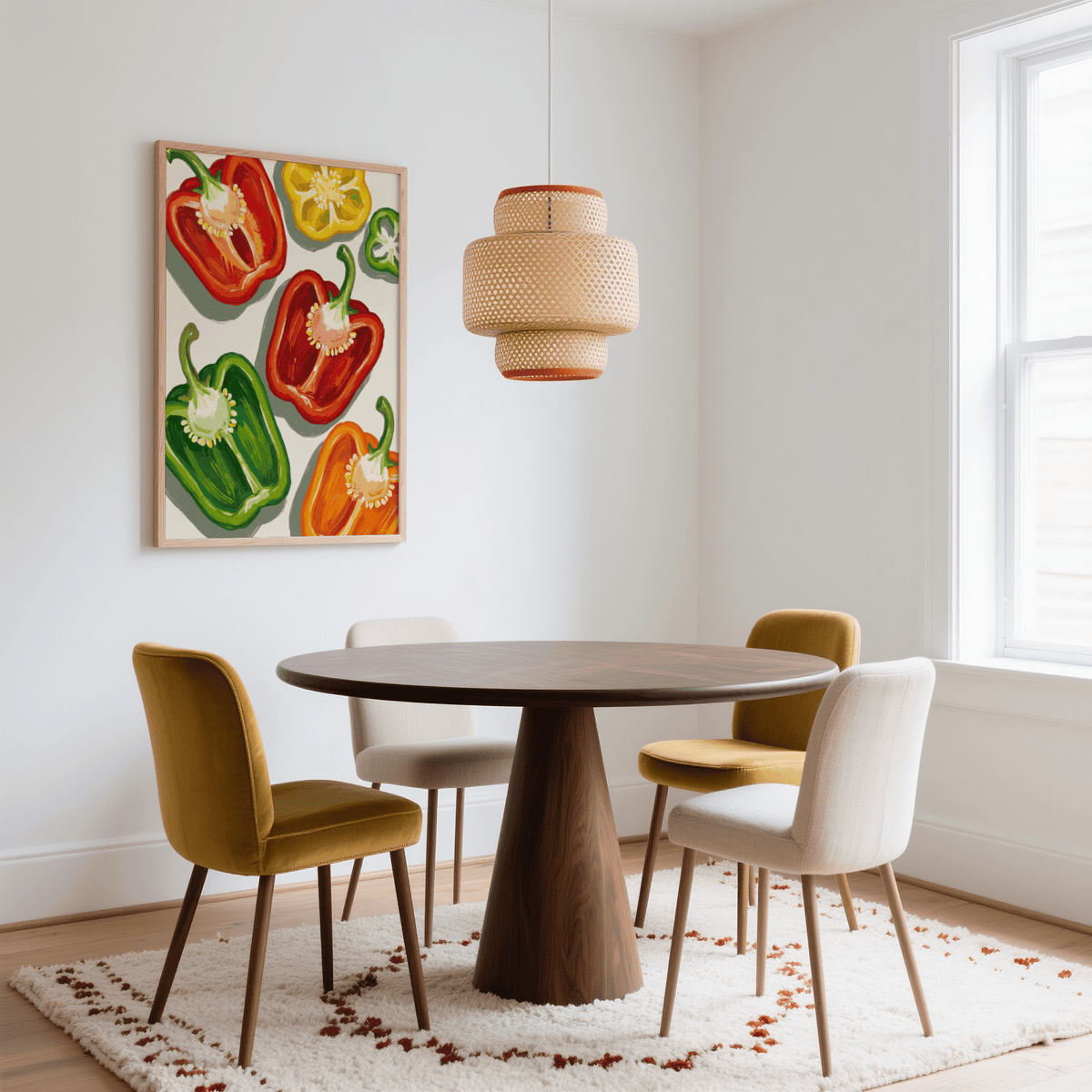 Bell Pepper art print on a white wall above a dining table with mustard and cream chairs