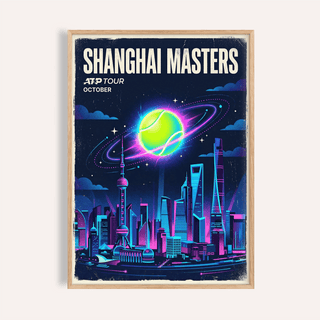 Framed close-up of Shanghai Masters Tennis Print featuring a neon tennis ball planet above a cityscape in retro colours