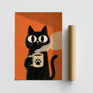 Cat Coffee Mug Print laid flat next to a cardboard packaging tube with a white background