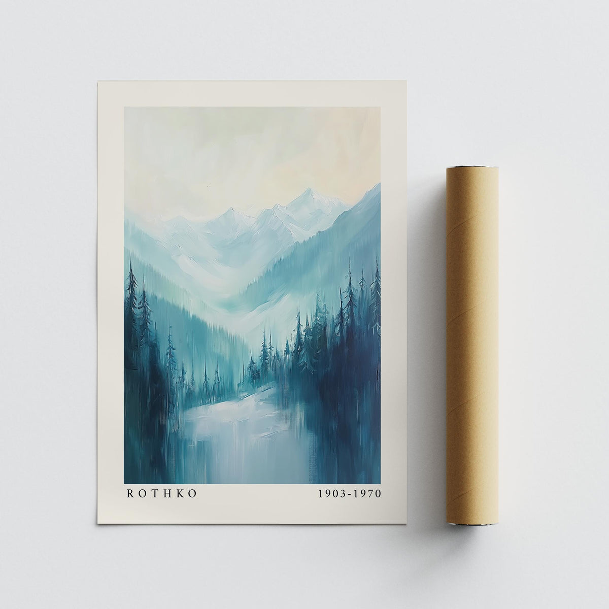 Nature print of pine trees and mountains in blue watercolour next to a brown packaging tube