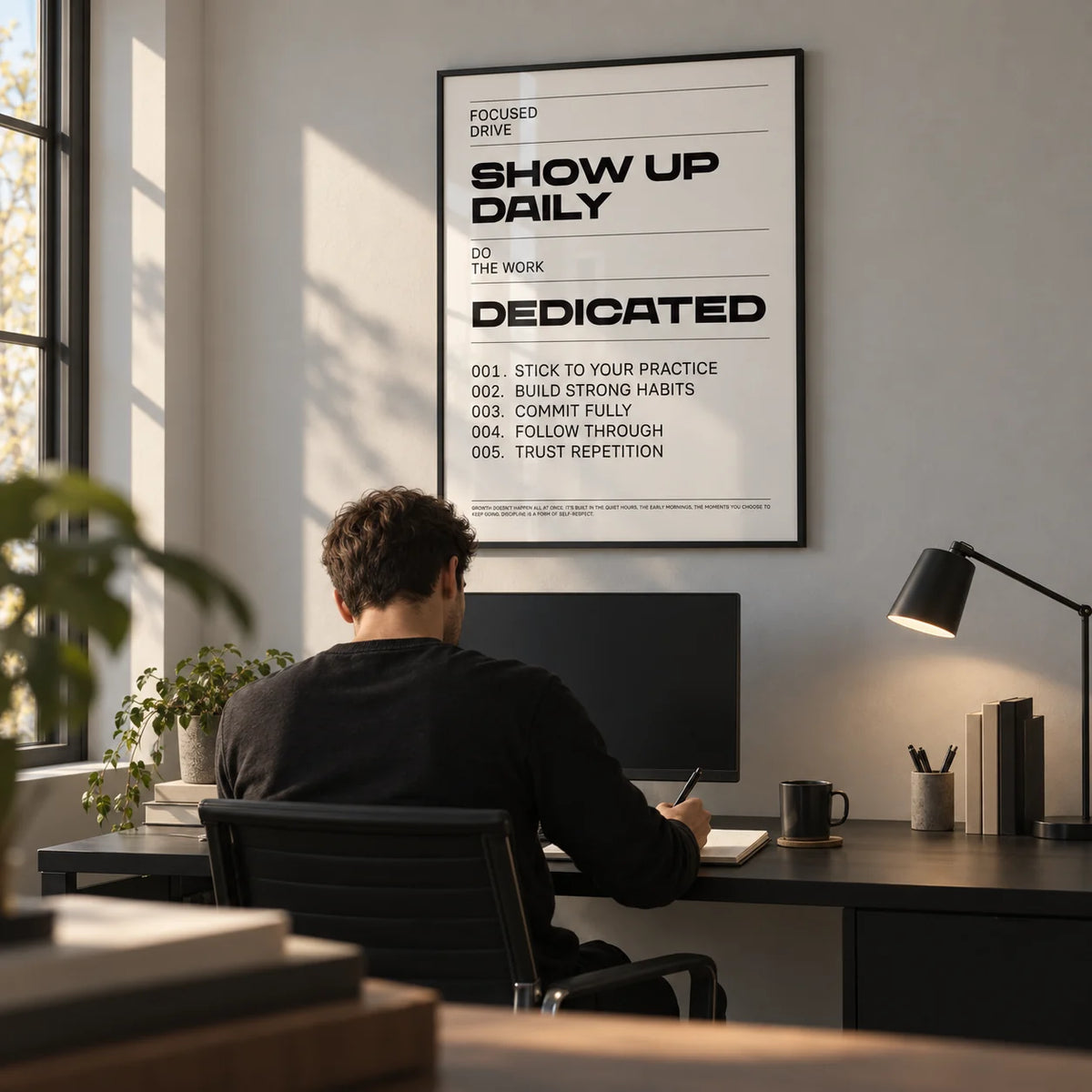 Daily Affirmations Print, framed on the wall of a minimal home office with a light grey wall