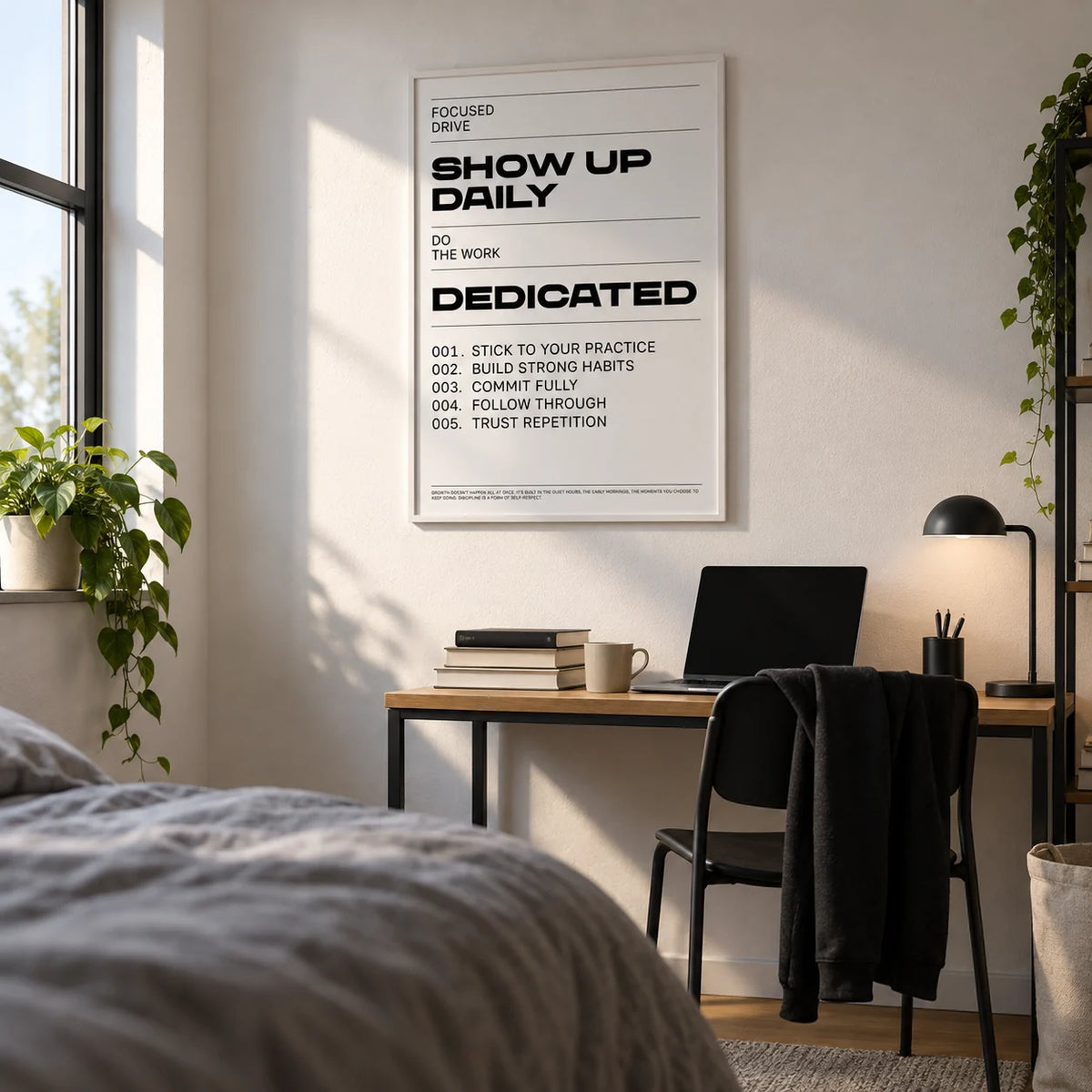 Daily Affirmations Print, framed on the wall of a tidy uni room (18-21) with a white wall in a bedroom