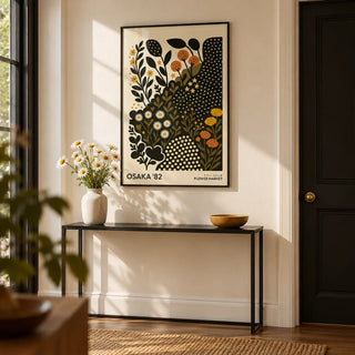 Daisy Art Print, framed on the wall of a modern hallway with a cream wall and a black painted door