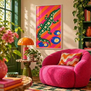 Daisy Crocodile Print, framed on the wall of a cosy maximalist reading nook in a living room