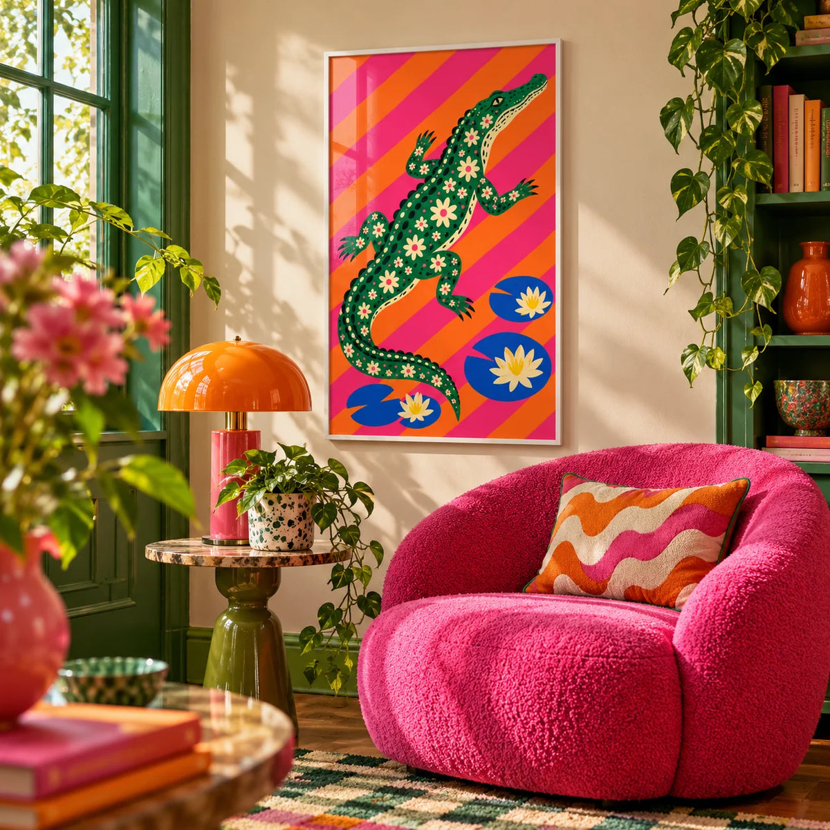 Daisy Crocodile Print, framed on the wall of a cosy maximalist reading nook in a living room