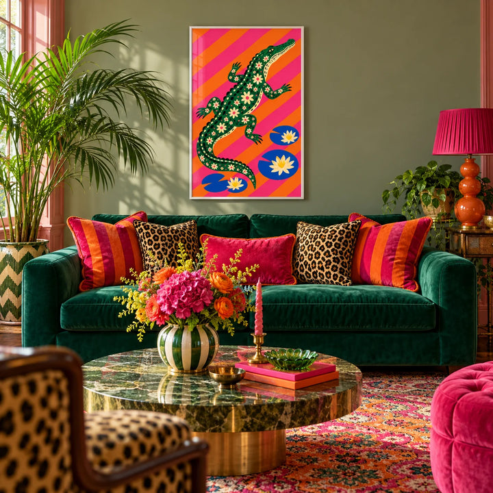 Daisy Crocodile Print, framed on the wall of a maximalist living room