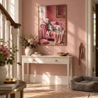 Dalmatian Art Print, framed on the wall of a elegant hallway with a soft pink wall